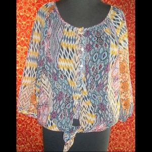 AVA & GRACE sheer 3/4 sleeve tie front blouse S 🗓️